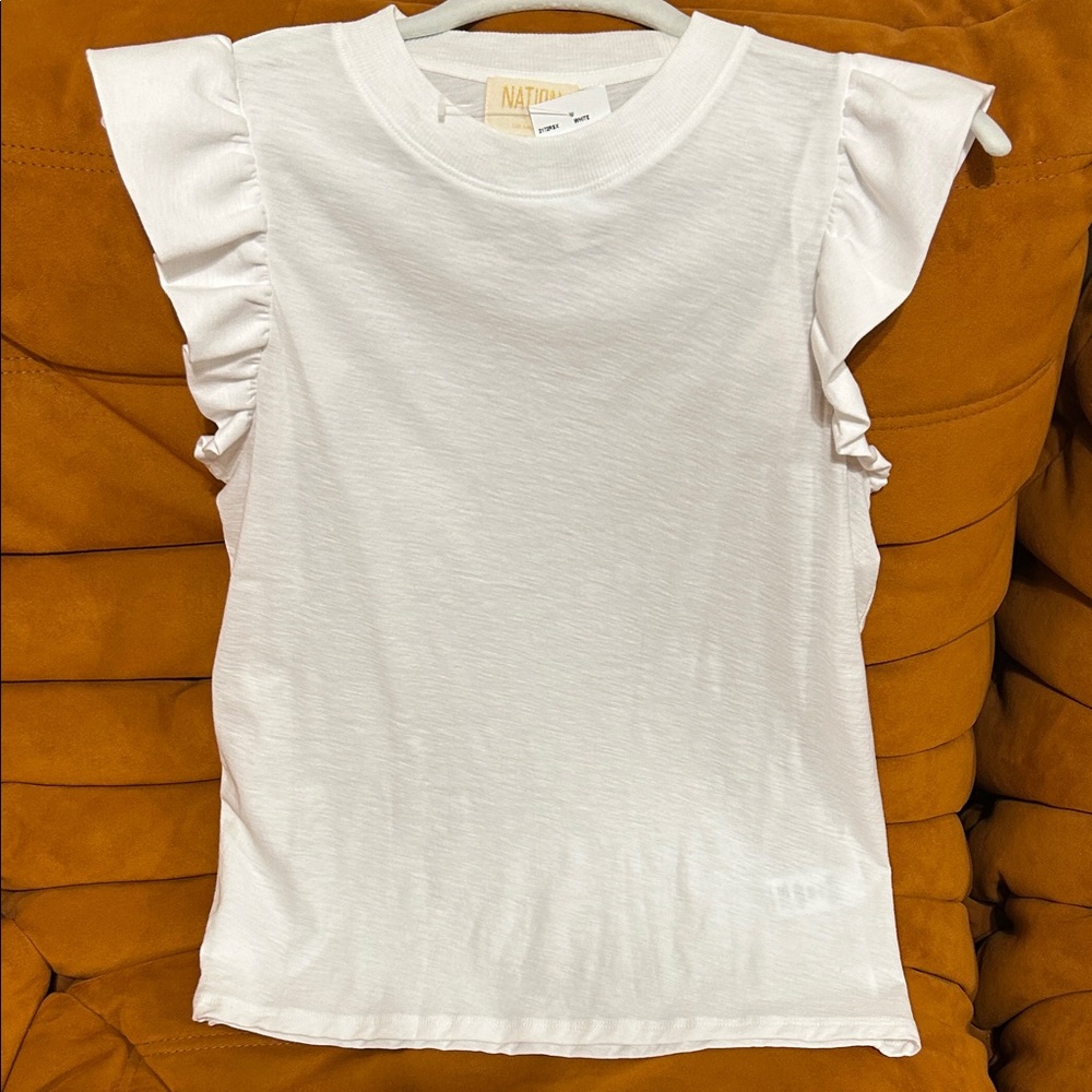 Nation LTD Ruffle Sleeve Tank Top in White Size Small NWT Crewneck